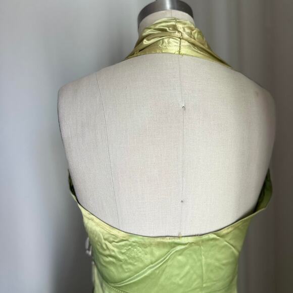 Women’s Medium Dress Chartreuse Satin Halter Gown Handmade Vintage Glam - Picture 5 of 6